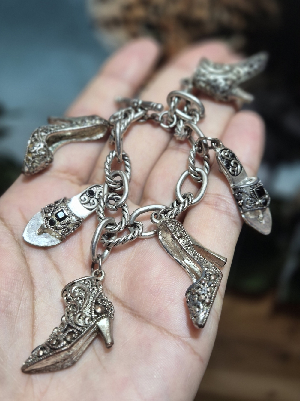Vintage Silver-Tone Charms High Heel Bracelet